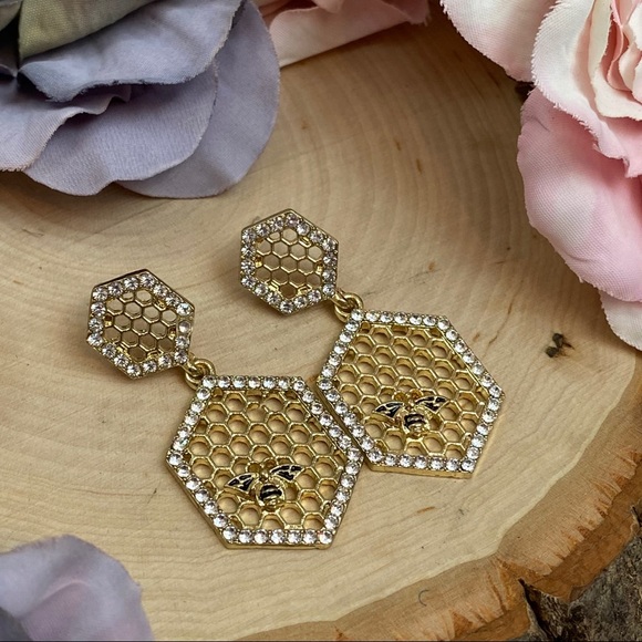 Gold Crystal Honeycomb Earrings with Bumblebee - Picture 6 of 16